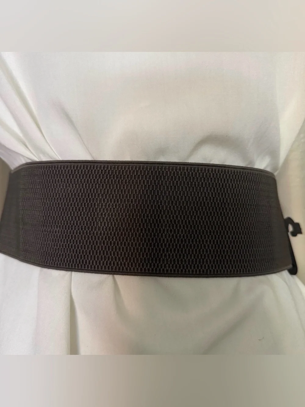 Gray PU leather wide elastic waistband belt with hematite tone rectangle buckle